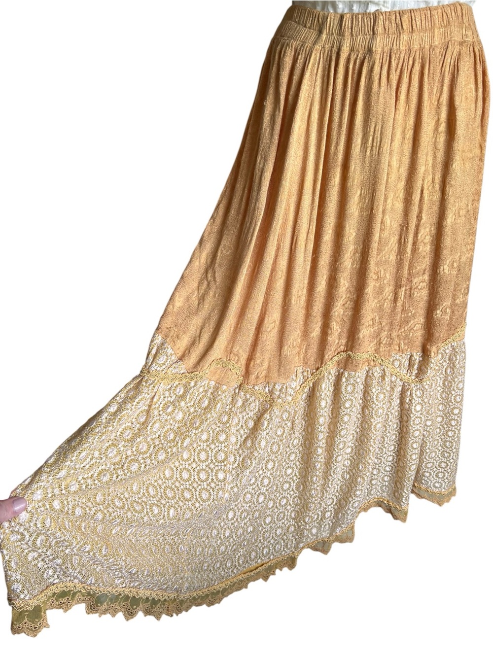 VTG Boho Festival Gold Maxi Skirt Women Sz S Lace Trim Prairie Cottage Ren Faire